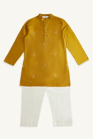 yellow embroidered ethnic mandarin full sleeves mid calf length boys regular fit pant kurta set