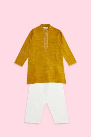 yellow embroidered ethnic mandarin full sleeves thigh-length boys regular fit pant kurta set