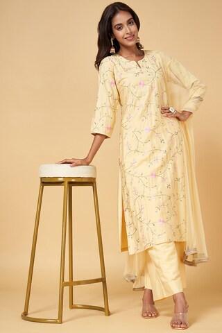 yellow embroidered ethnic round neck 3/4th sleeves calf-length women regular fit pant kurta dupatta set