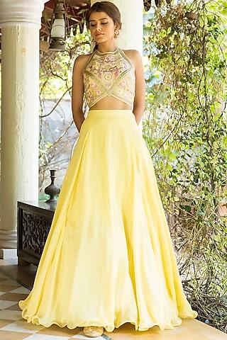 yellow embroidered flared lehenga set