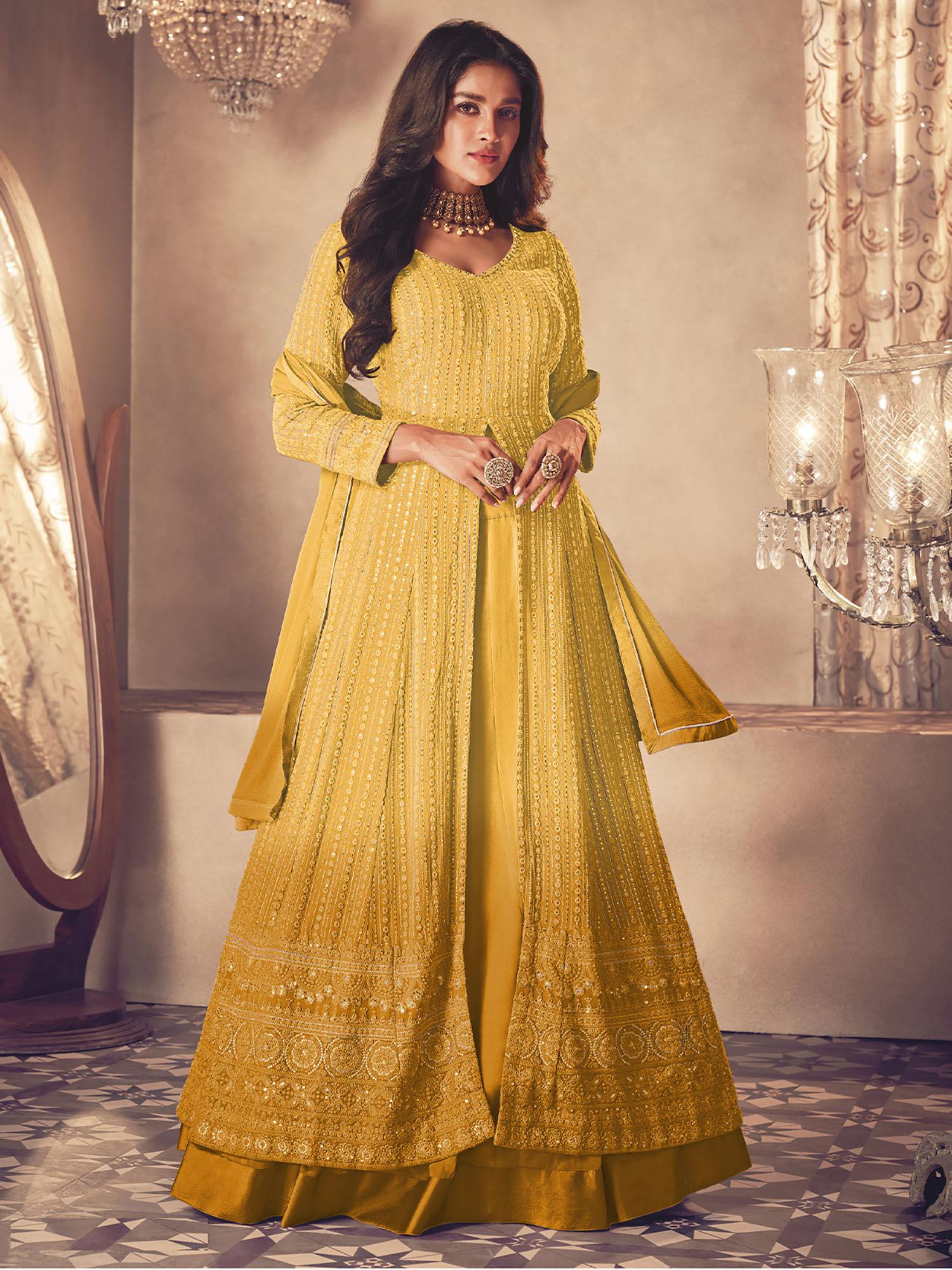 yellow embroidered georgette partywear semi stitched suit (set of 3)