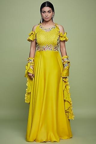 yellow embroidered gown with ruffled dupatta for girls
