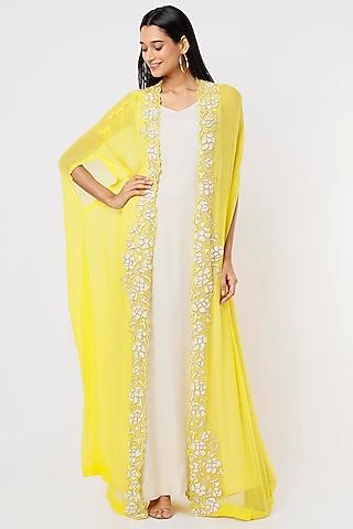 yellow embroidered jacket dress