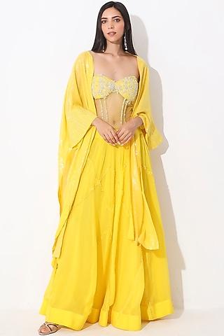 yellow embroidered jacket lehenga set