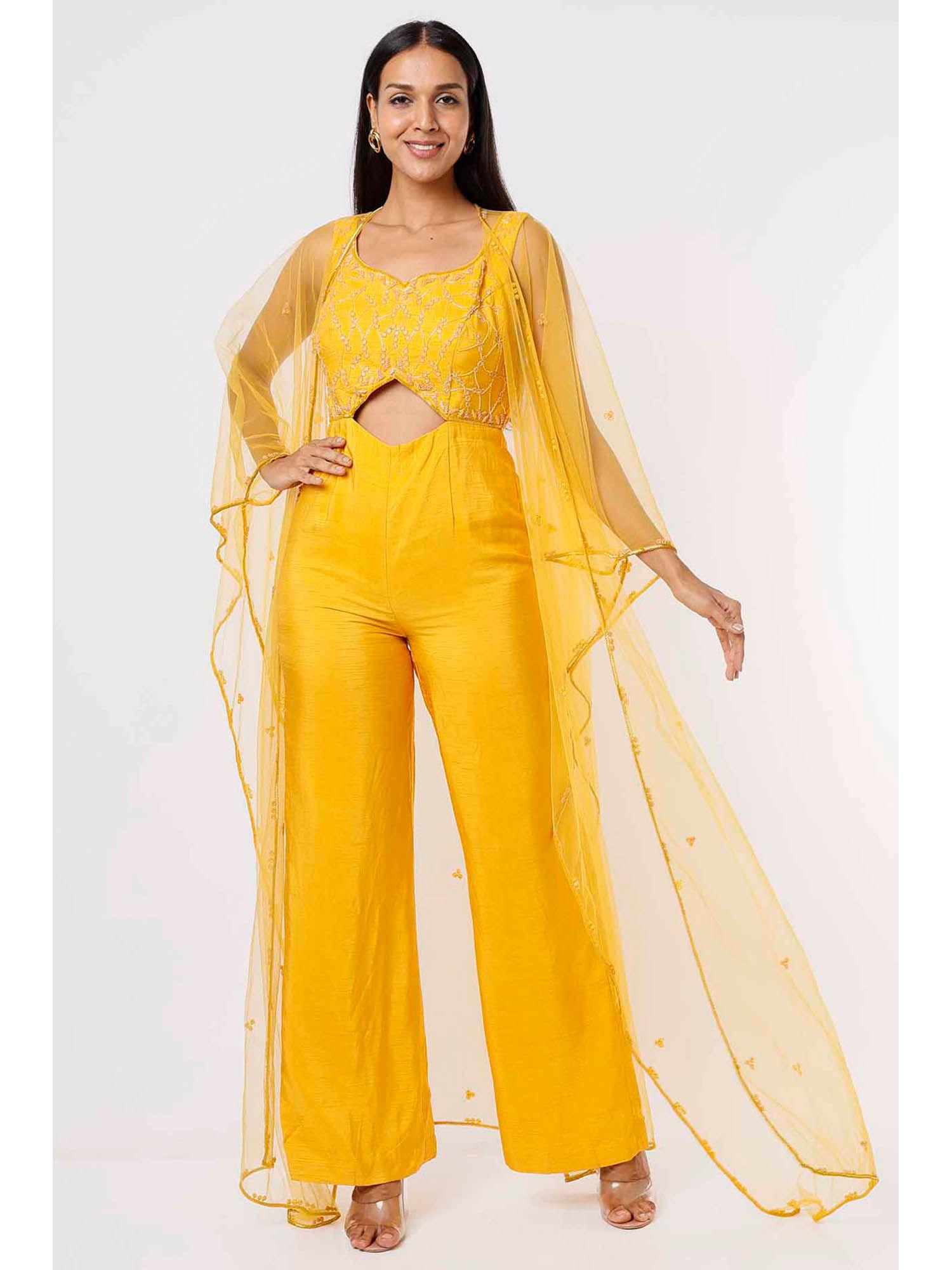 yellow embroidered jumpsuit with cape (set of 2)