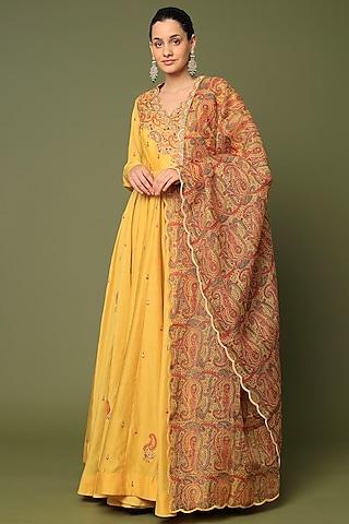 yellow embroidered kalidar anarkali set