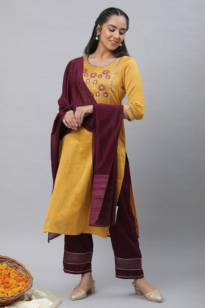 yellow embroidered kurta, palazzo & dupatta set