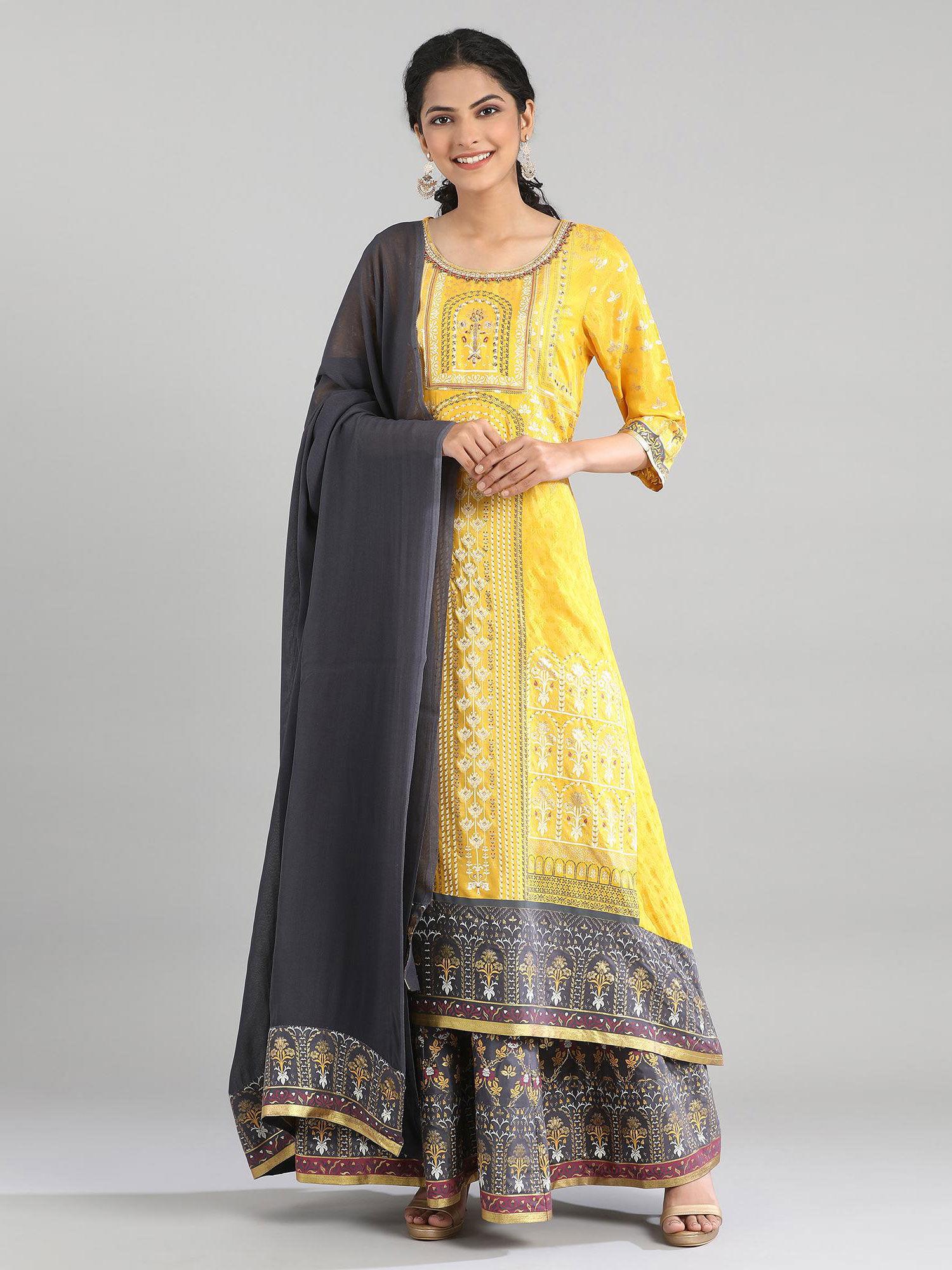 yellow embroidered kurta, skirt, dupatta (set of 3)