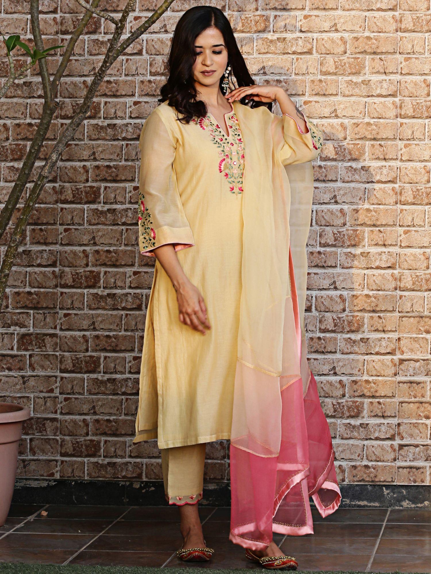yellow embroidered kurta and pant with dupatta (set of 3)