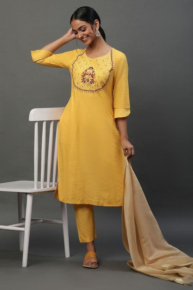 yellow embroidered kurta-palazzo-golden dupatta