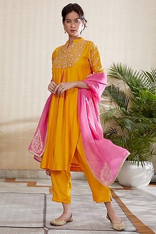 yellow embroidered kurta set