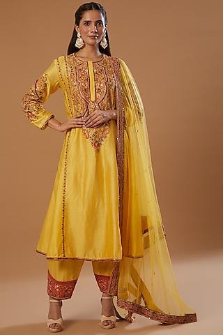 yellow embroidered kurta set