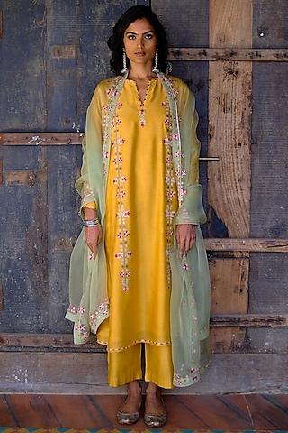 yellow embroidered kurta set