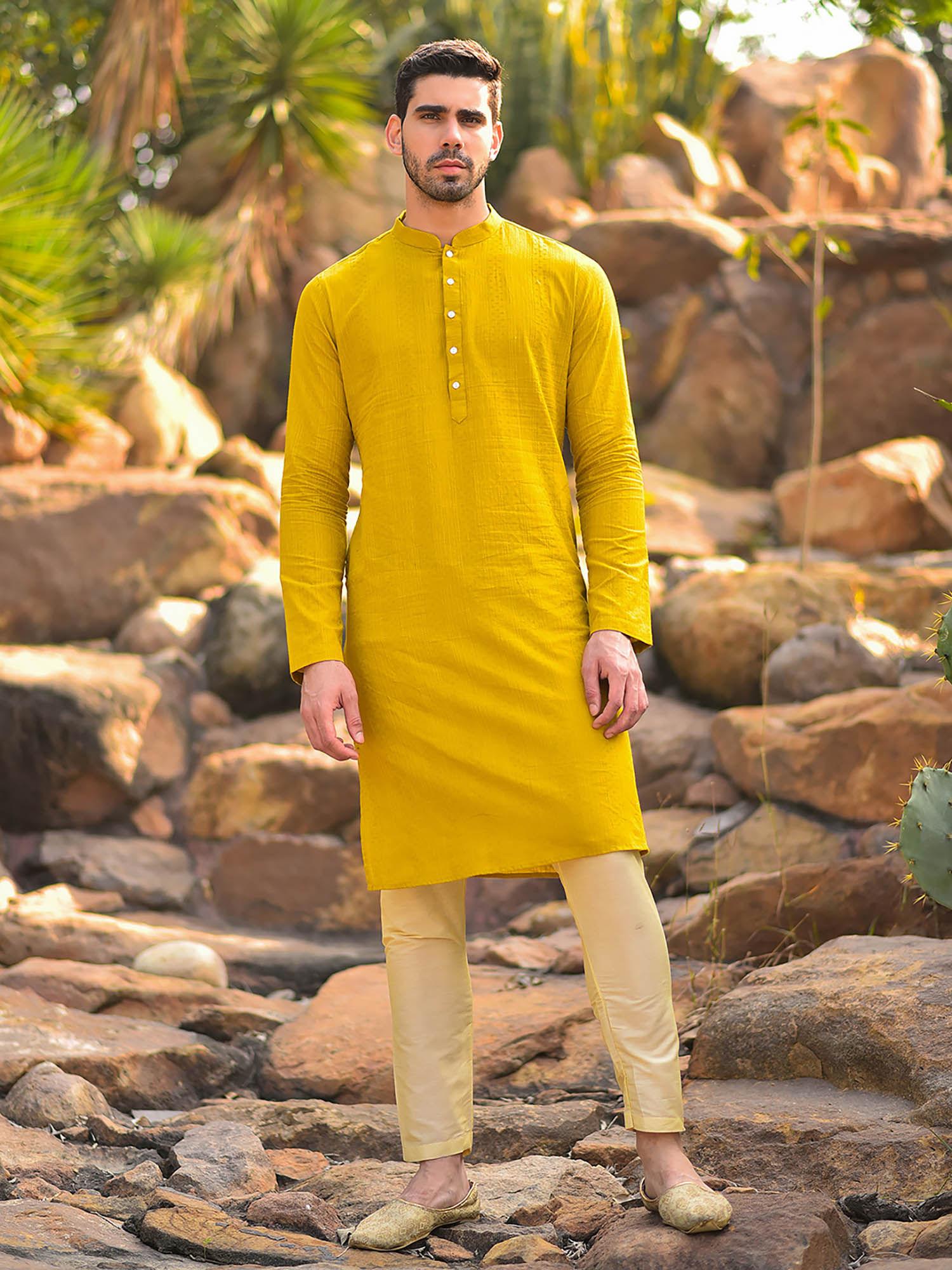 yellow embroidered kurta with churidar (set of 2)