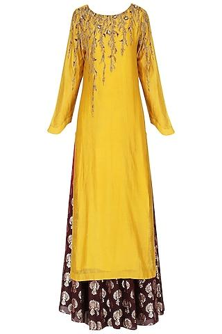 yellow embroidered kurta with skirt set