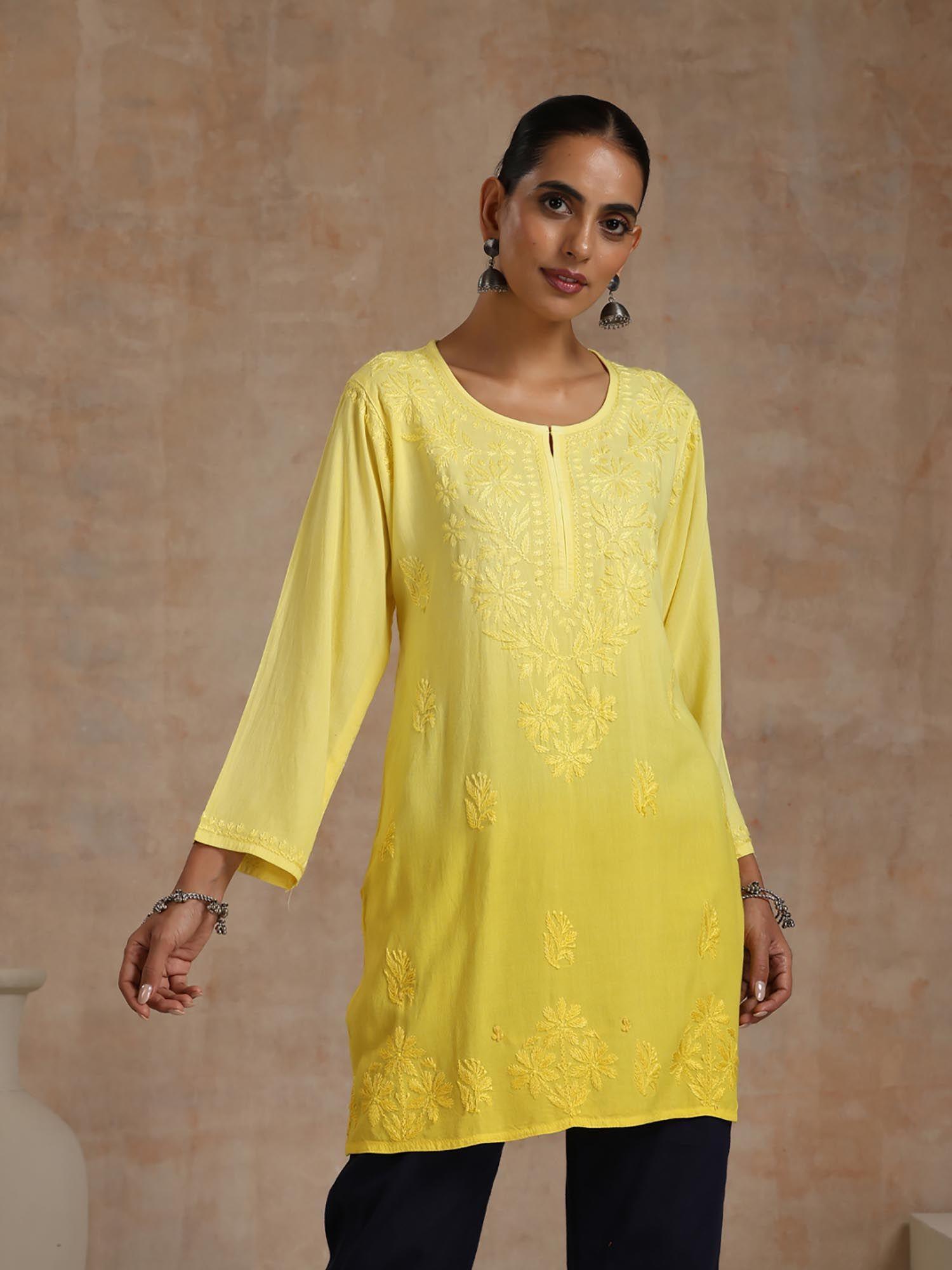 yellow embroidered kurti