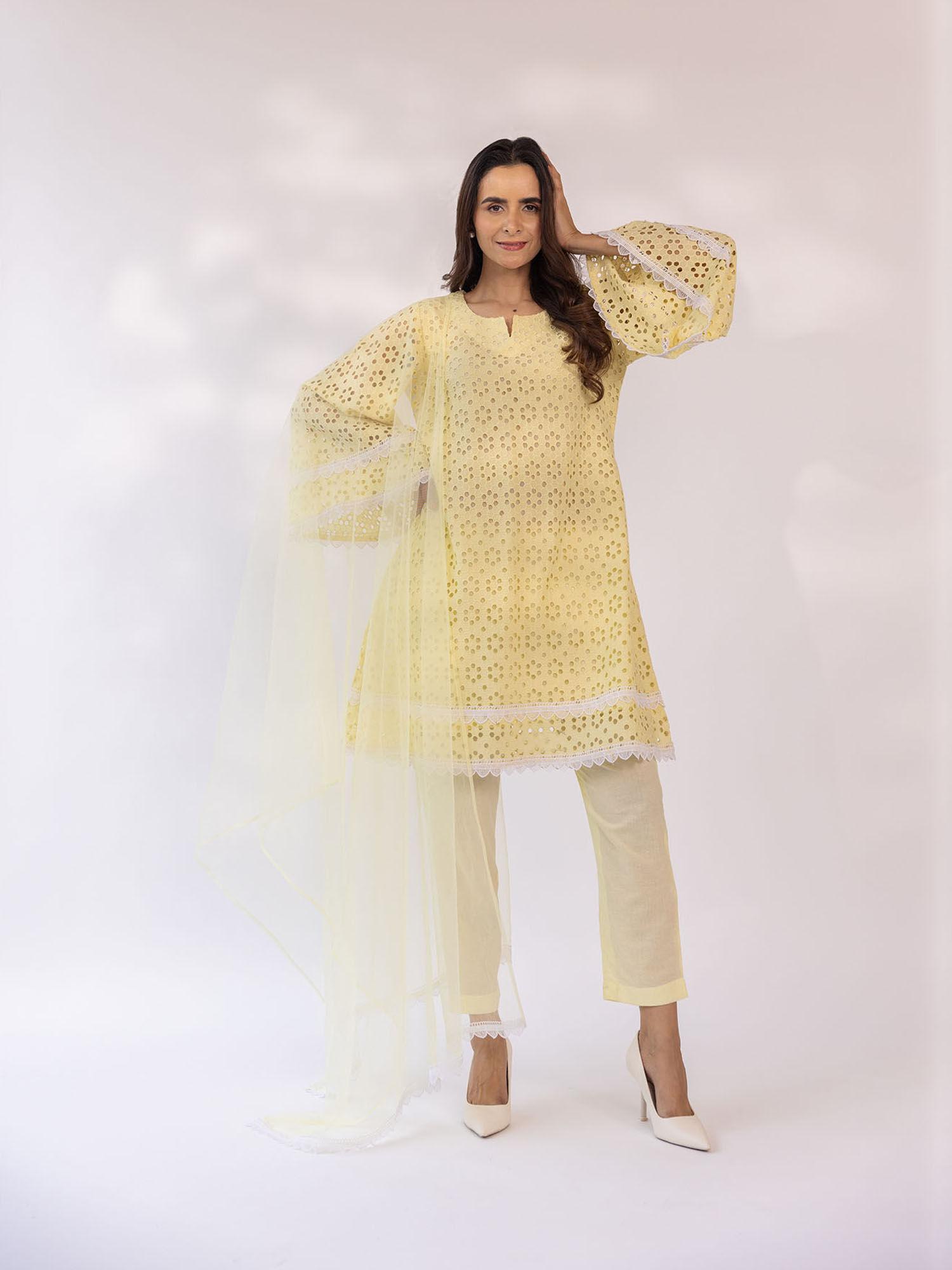 yellow embroidered lace work full sleeves v-neck kurta with pant & dupatta (set of 3)