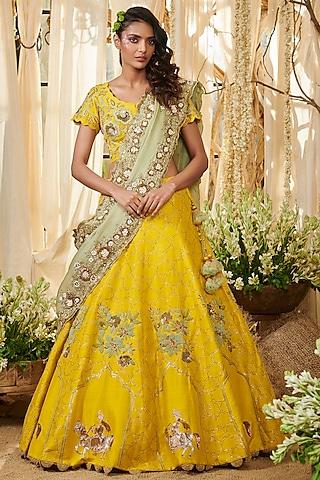 yellow embroidered lehenga set