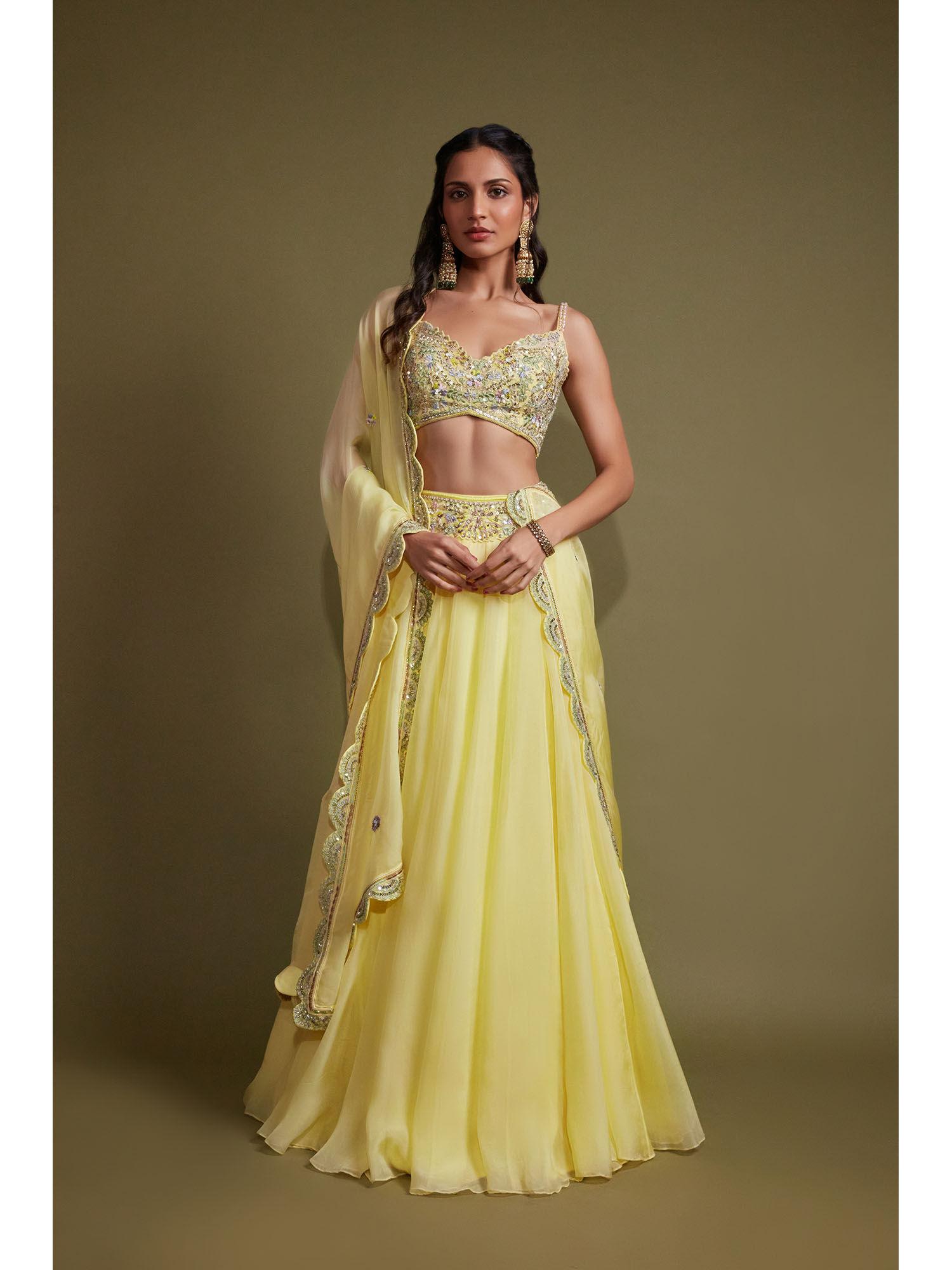 yellow embroidered lehenga with blouse & dupatta (set of 3)