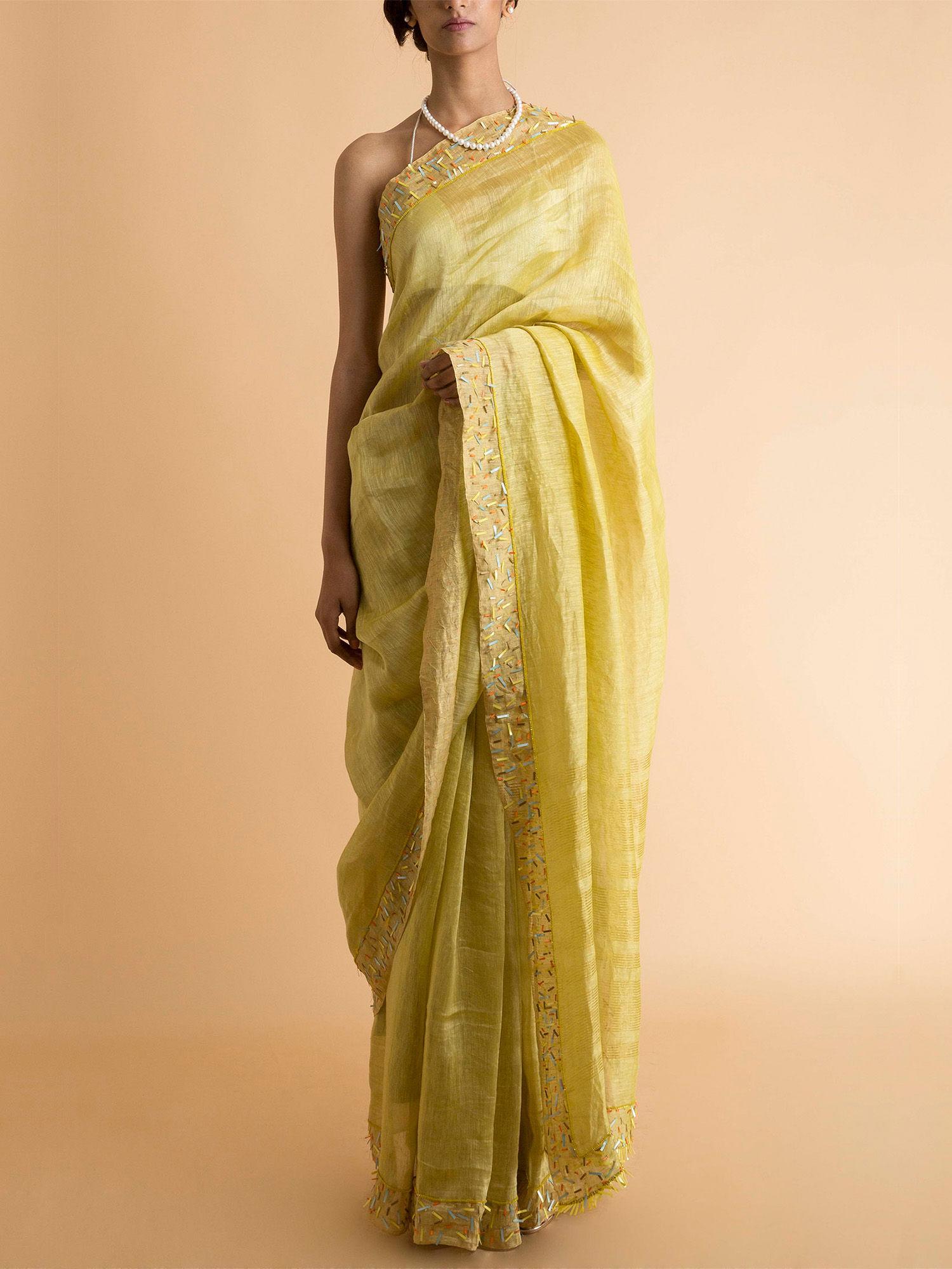 yellow embroidered linen silk saree with blouse piece