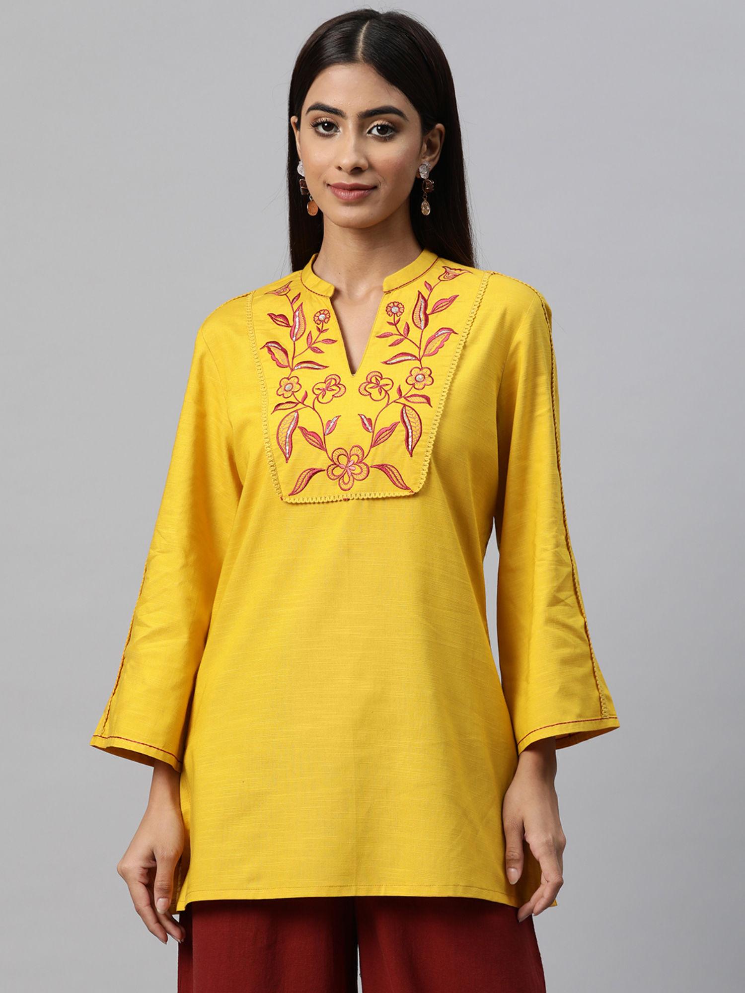 yellow embroidered longline top