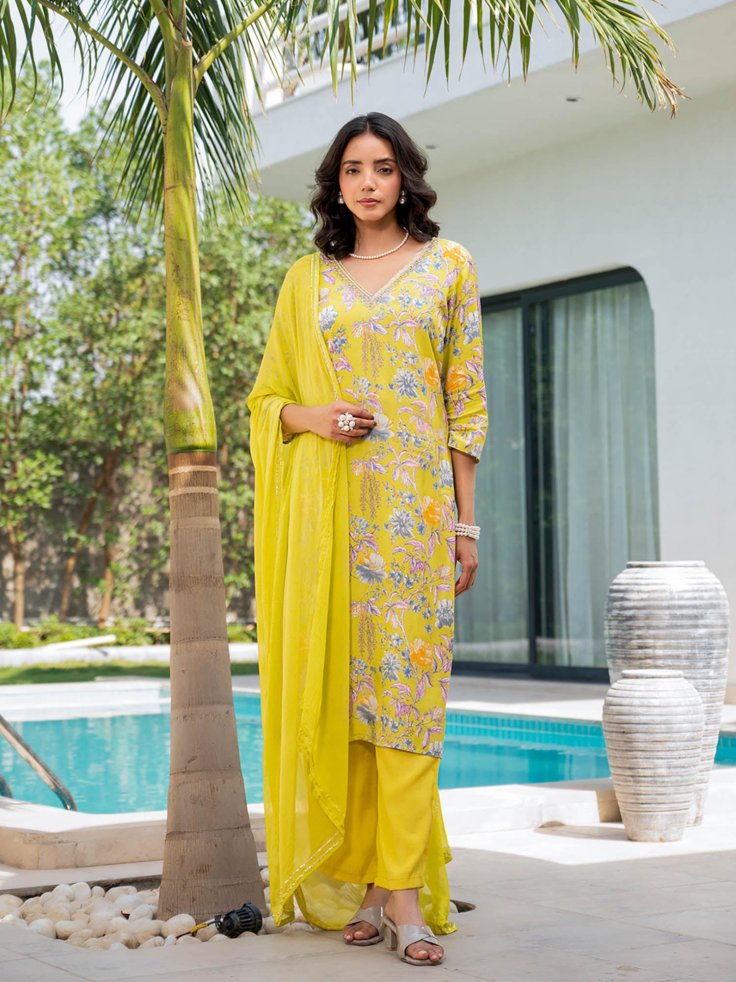 yellow embroidered muslin kurta with palazzo and dupatta (set of 3)