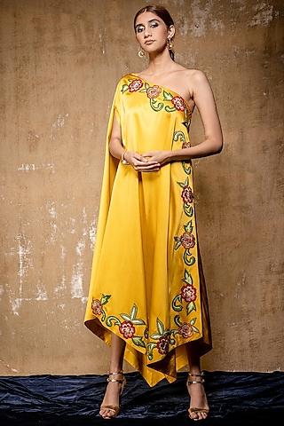 yellow embroidered off shoulder dress