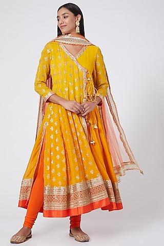 yellow embroidered ombre angrakha kurta set