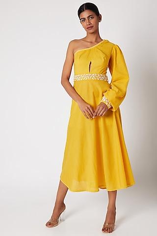 yellow embroidered one shoulder dress