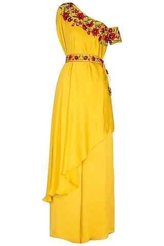 yellow embroidered one shoulder tunic with palazzo pants