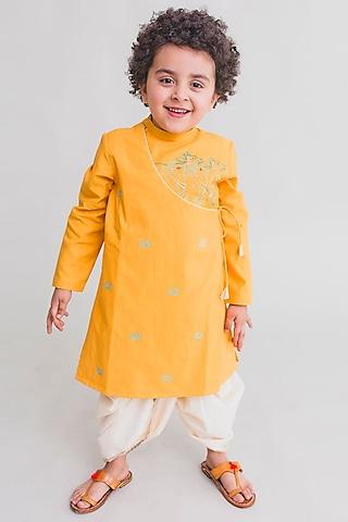 yellow embroidered overlap kurta set for boys