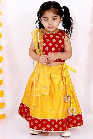 yellow embroidered pleated lehenga set for girls