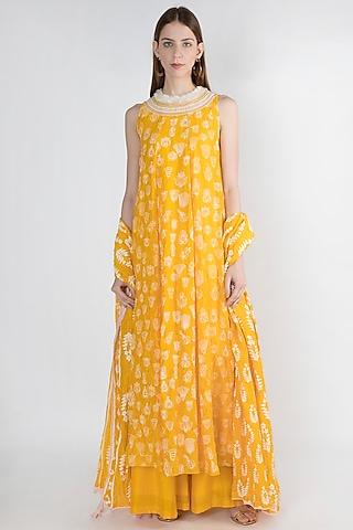 yellow embroidered printed anarkali set