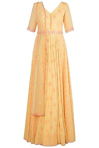 yellow embroidered printed gown with dupatta
