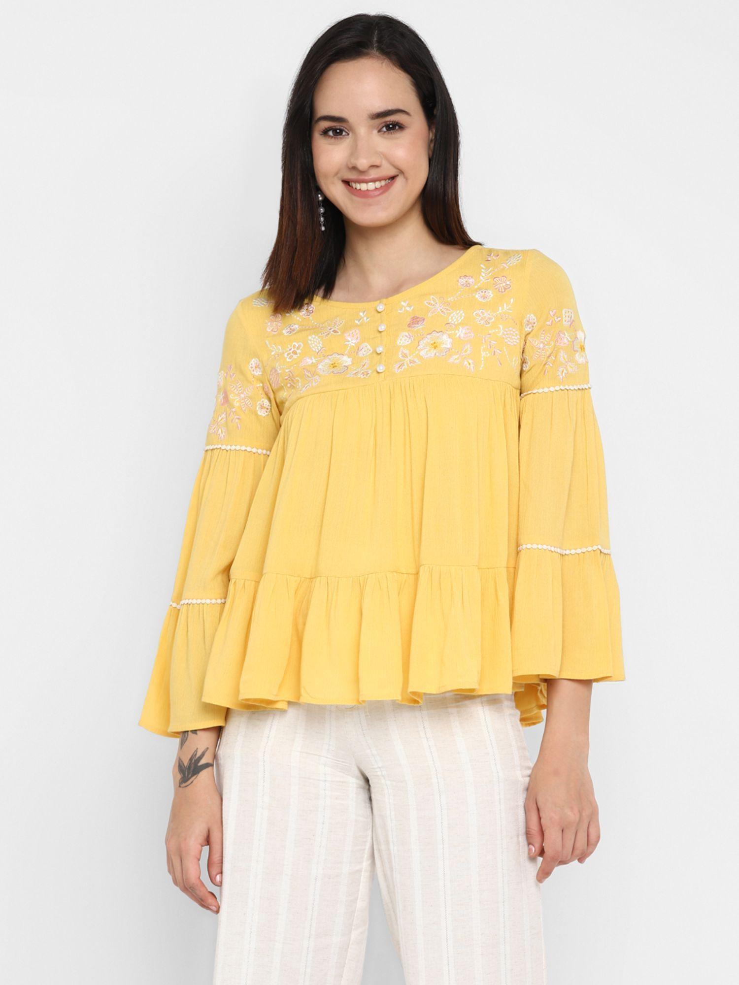 yellow embroidered rayon crepe top for women