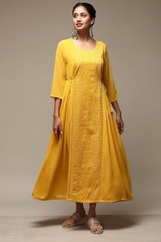 yellow embroidered round neck casual maxi 3/4th sleeves women flared fit dress