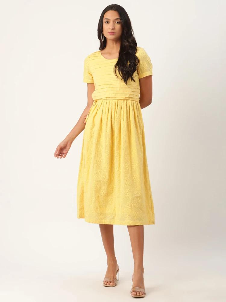 yellow embroidered round neck dress