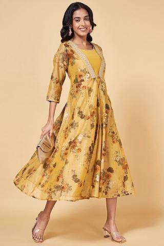yellow embroidered round neck ethnic calf-length 3/4th sleeves women regular fit dress