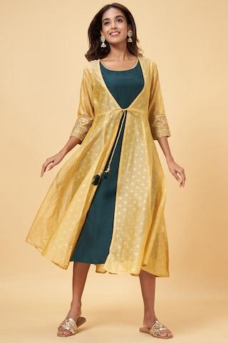 yellow embroidered round neck ethnic calf-length 3/4th sleeves women regular fit dress