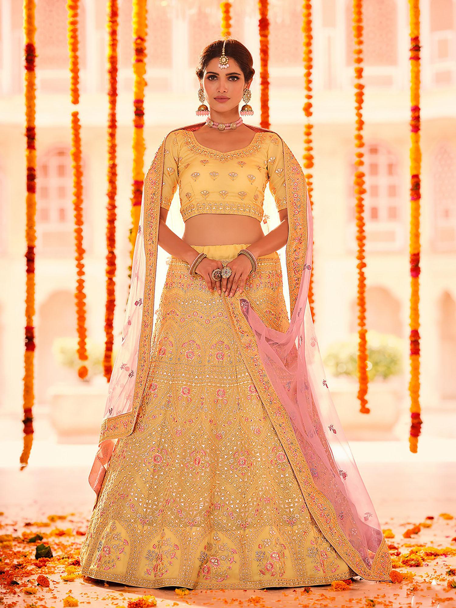 yellow embroidered semi stitched lehenga with unstitched blouse (set of 3)