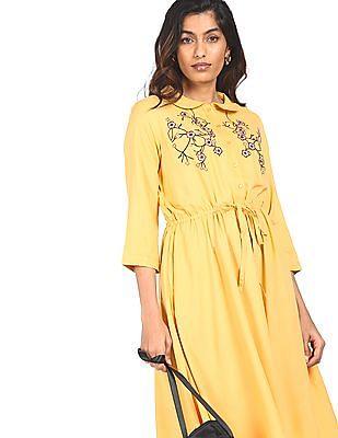 yellow embroidered shirt dress