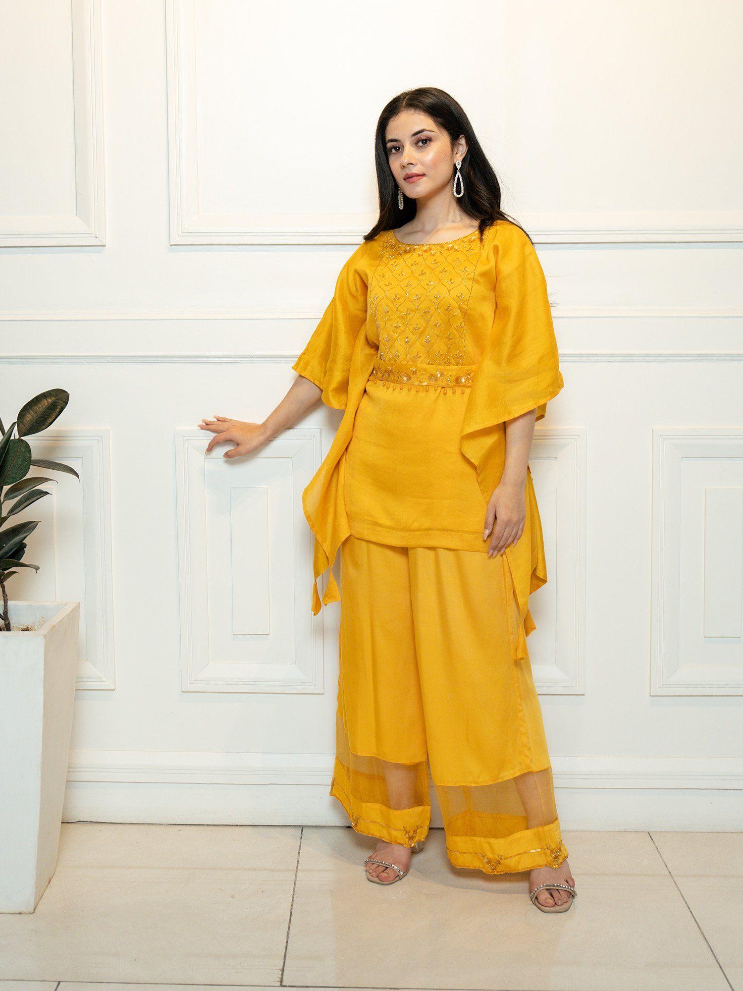 yellow embroidered short kaftan with belt