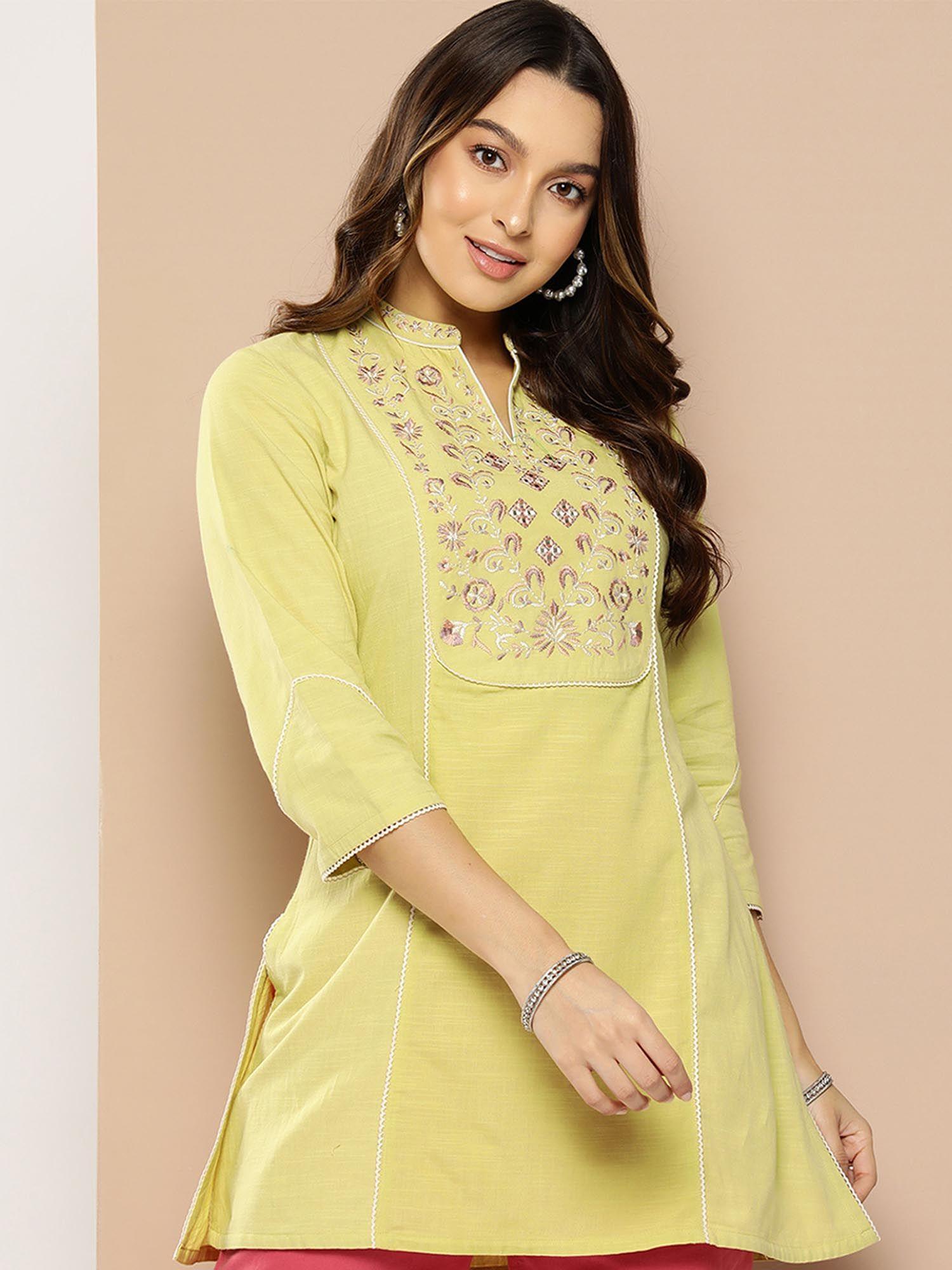 yellow embroidered short kurti