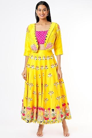 yellow embroidered short lehenga set