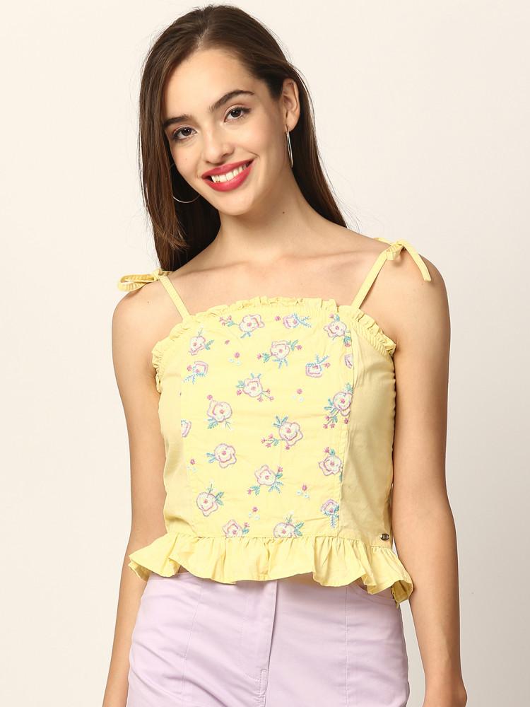 yellow embroidered shoulder straps top