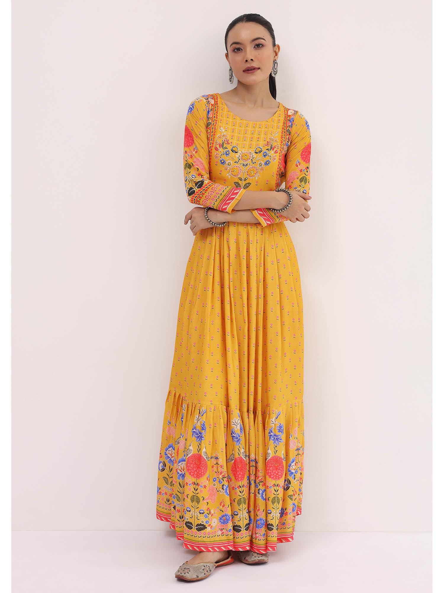 yellow embroidered silk long kurta