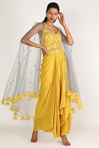 yellow embroidered skirt set with cape