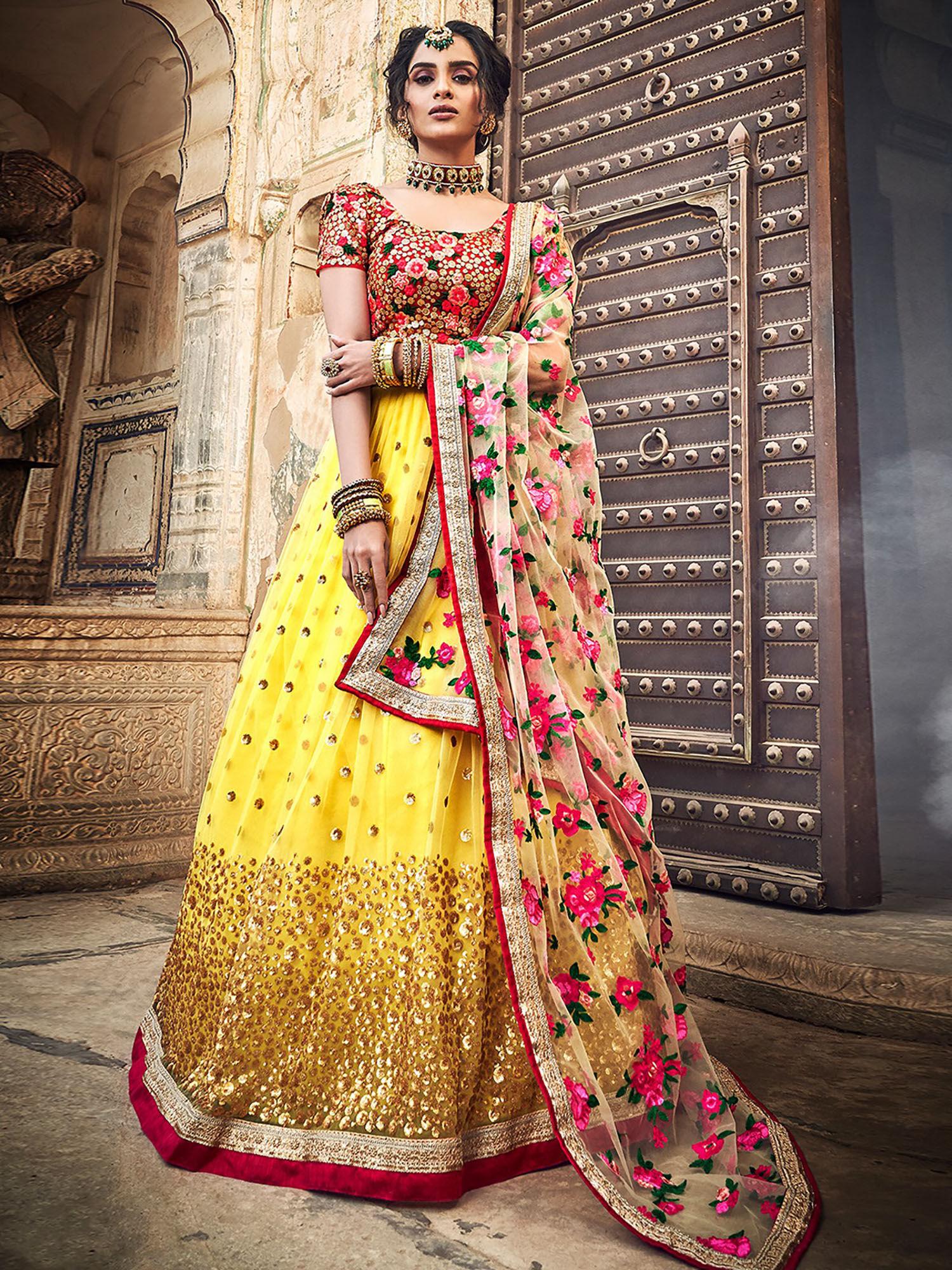 yellow embroidered soft net semi stitched lehenga with unstitched blouse (set of 3)