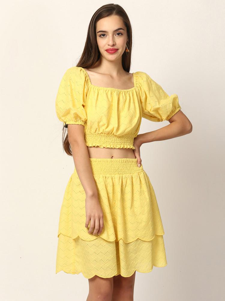 yellow embroidered square neck top