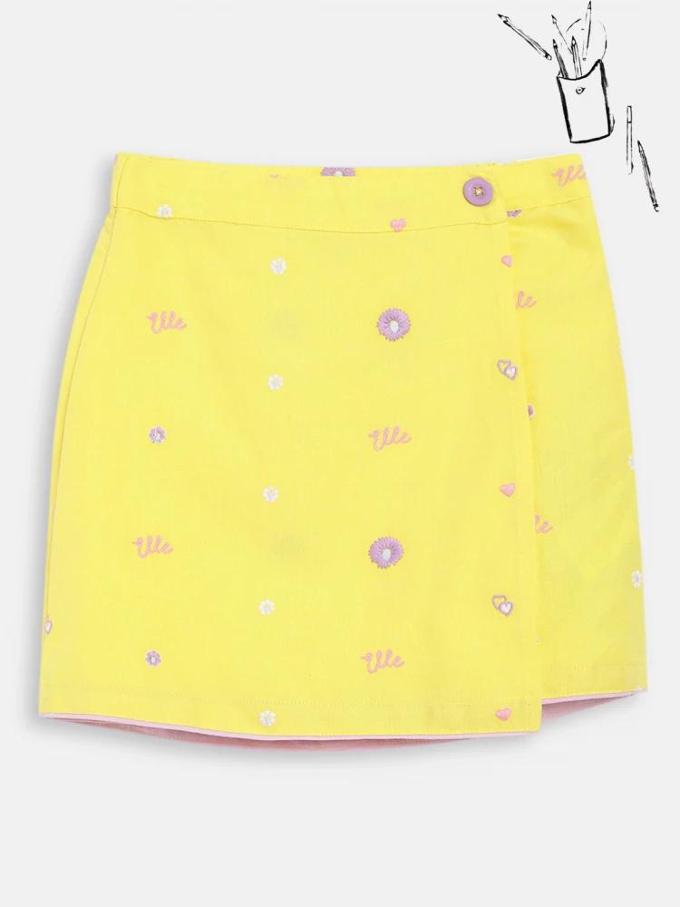 yellow embroidered straight fit skirt